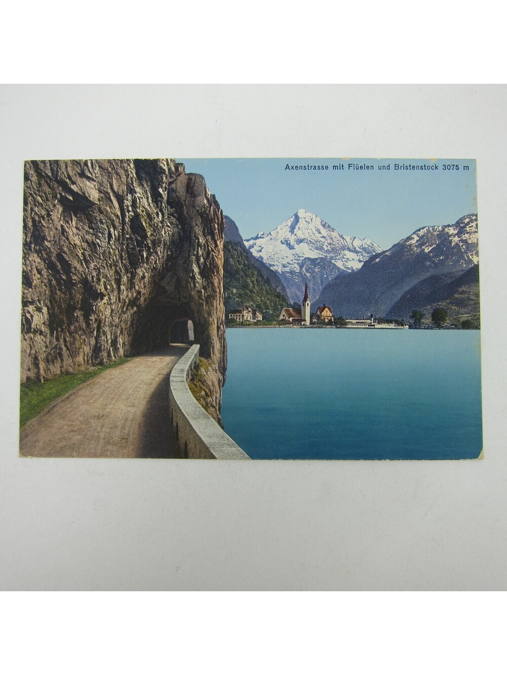 Postcard Switzerland Axenstrasse Cliff Road with Fluelen & Bristenstock Antique